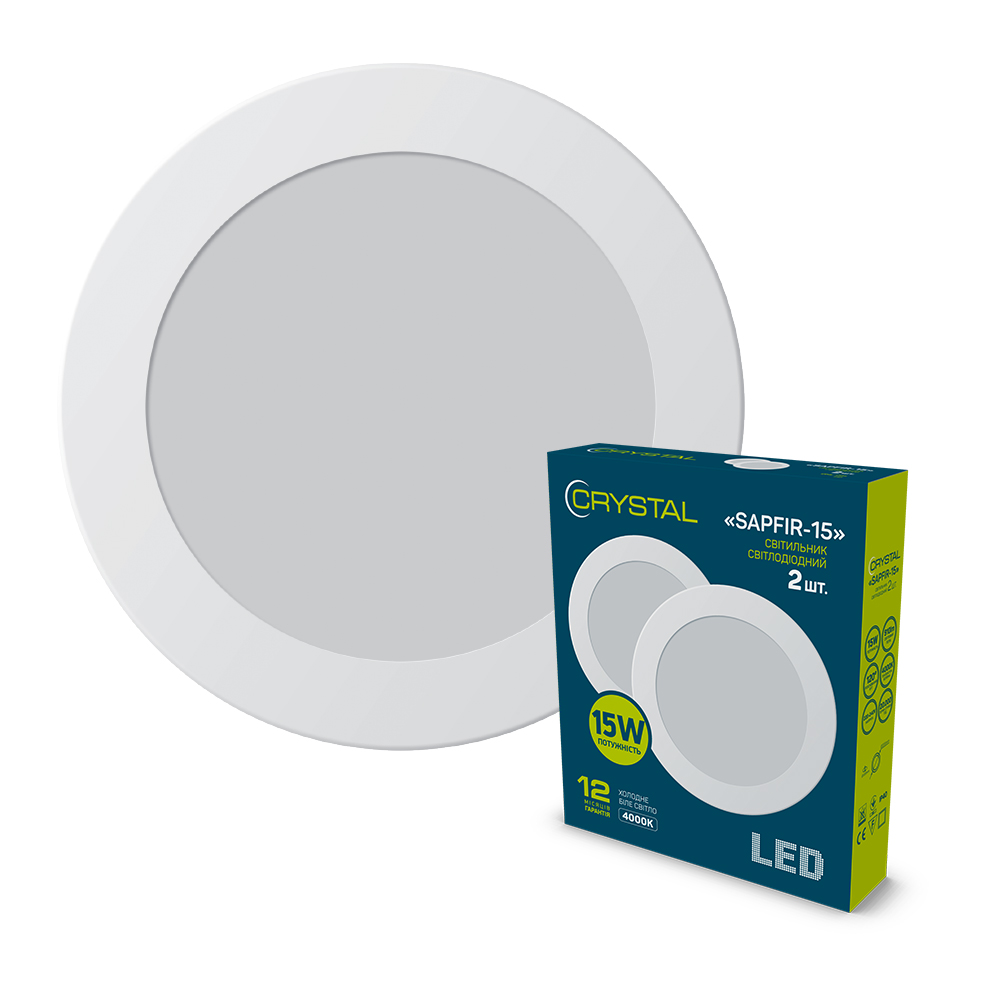 Світильник світлодіодний вбудований круглий CRYSTAL SAPFIR-15 15W 4000К IP40 білий – DNL-004