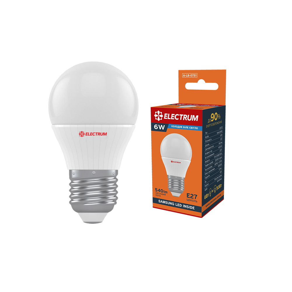 Лампа світлодіодна куля ELECTRUM LB-12 6W E27 4000K алюмопласт. корп. A-LB-0751