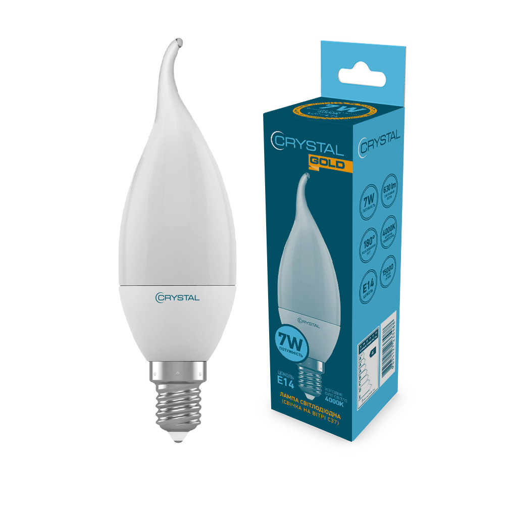 Лампа світлодіодна свічка на вітрі Crystal Gold C37 7W E14 4000K алюмопласт. корп. (C37-023)