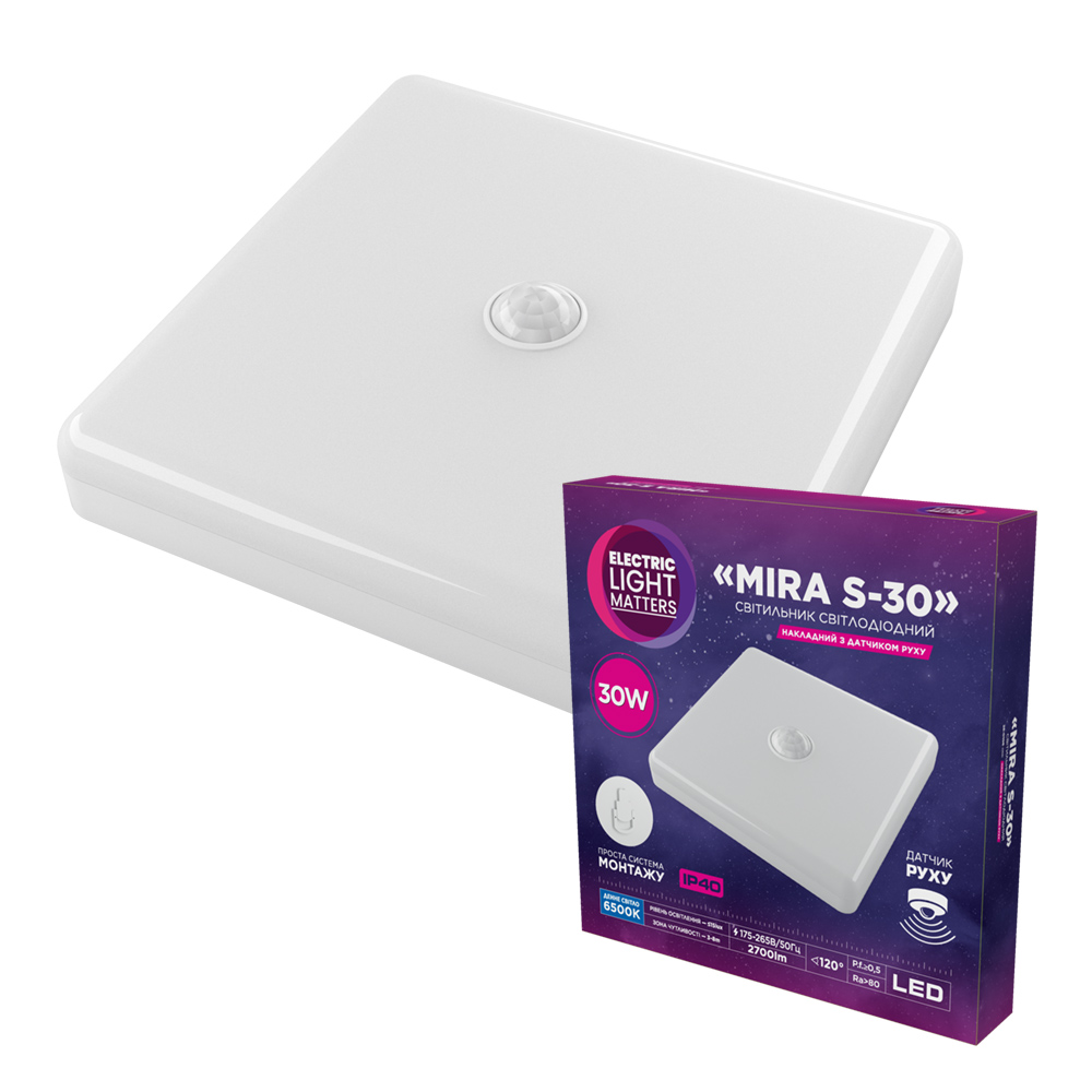 Світильник світлодіодний накладний з датчиком руху ELM MIRA S 30W 6500К IP40 білий – 26-0106
