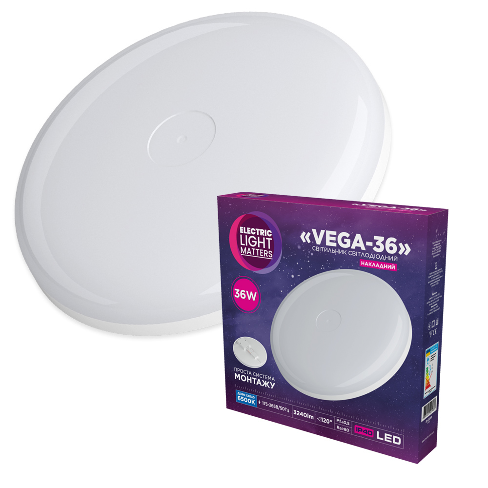 Світильник світлодіодний накладний ELM Vega 36W 6500К IP40 білий – 26-0053