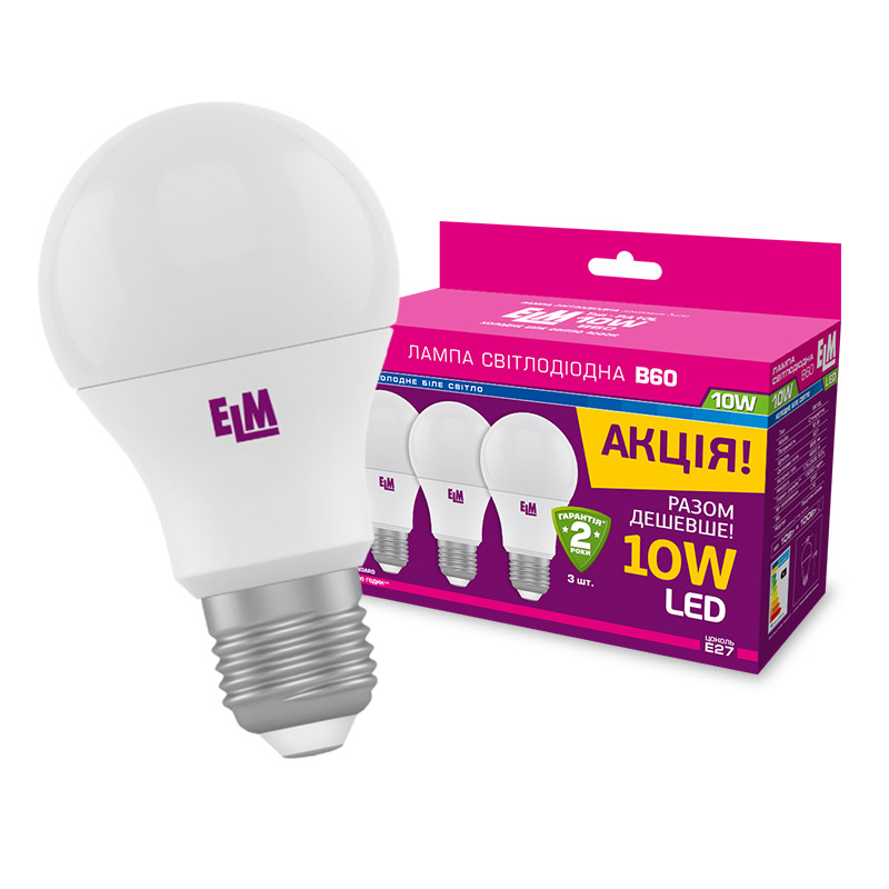 Комплект ламп світлодіодних стандартних B60 PA10L 10W E27 4000K алюмопл. корп. 3шт. 18-0099