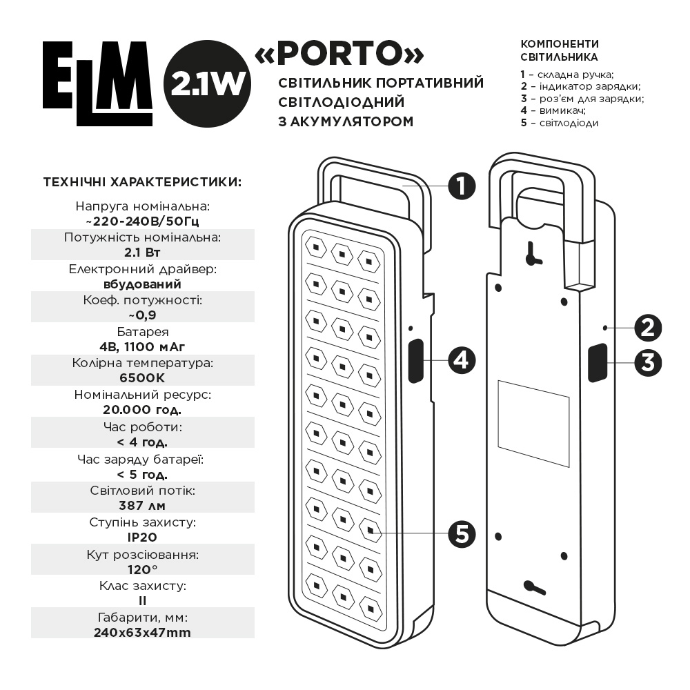Аварійний світлодіодний світильник ELM Porto 2.1W 3г IP20 6500K (26-0120)