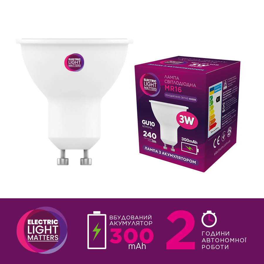 Лампа світлодіодна з акумулятором ELM MR16 3W GU10 4000K (18-0197)
