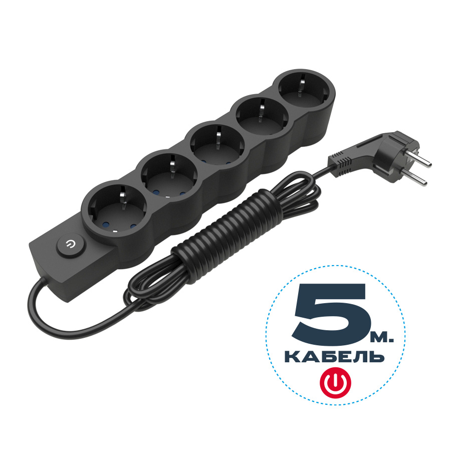 Подовжувач ELECTRUM 5 розеток 5 м з вимикачем і заземленням Чорний – C-ES-1549