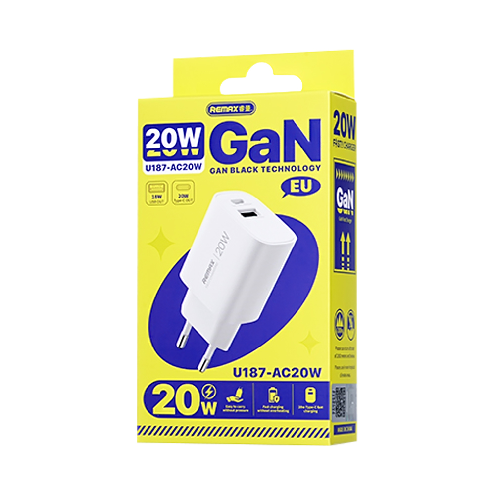 Зарядний пристрій REMAX GaN Type-A + Type-C 20W – RP-U187